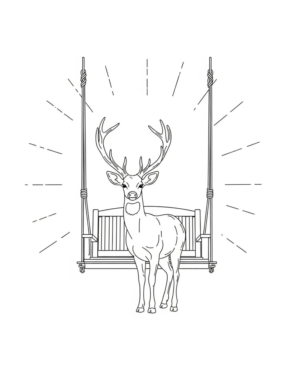 Free printable coloring page: deer cottage porch swing coloring page. Cute and cozy deer cottage design for kids and adults to download and print.