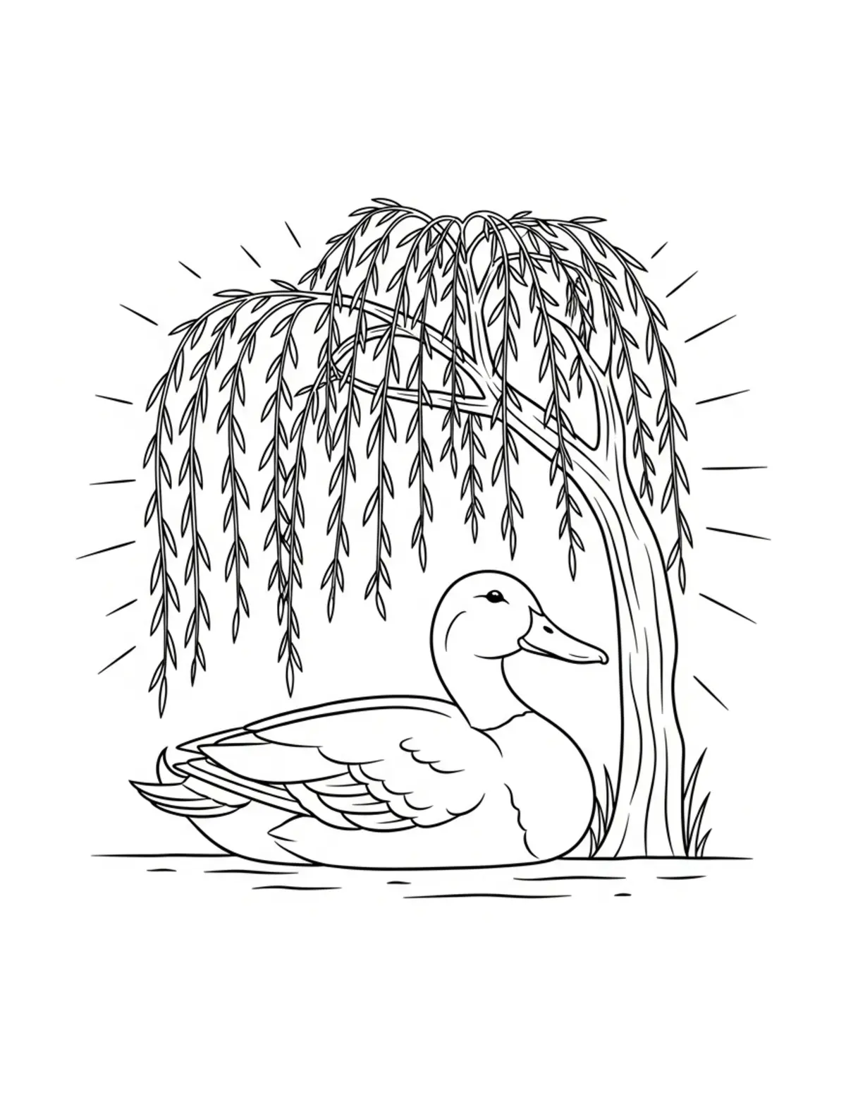 Duck Relaxing Under Willow Tre Coloring Page - free printable JPG featuring adorable duck scenes