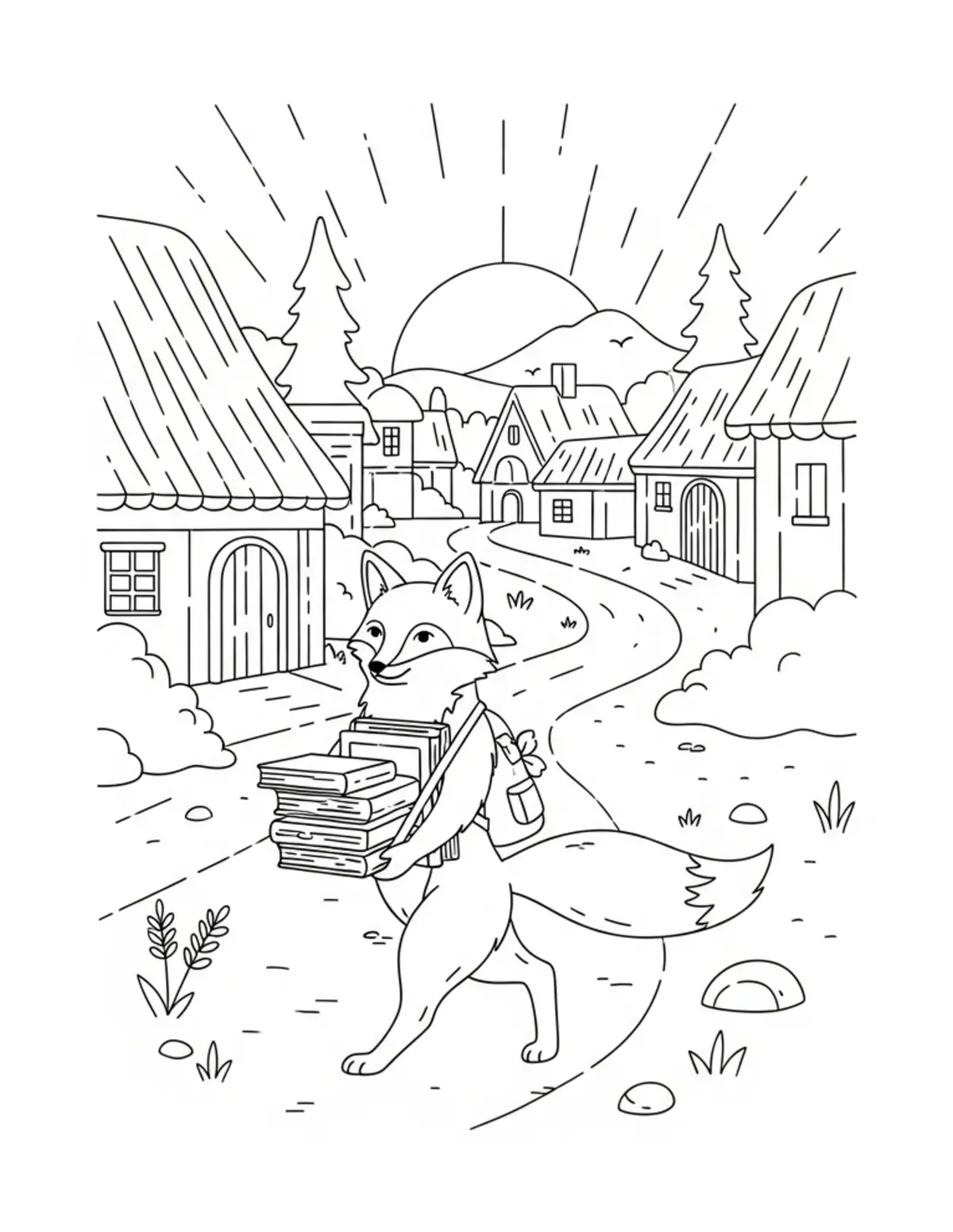 Free printable coloring page: fox carrying books through vil coloring page. Cute and cozy bookstore and reading design for kids and adults to download and print.