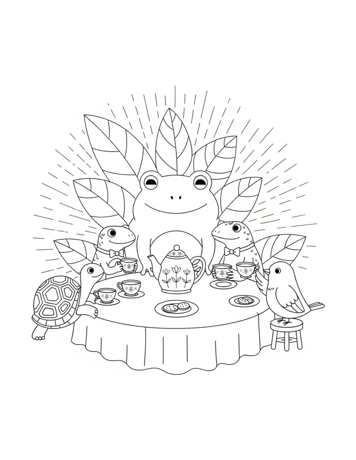 Free printable coloring page: frog tea party with friends coloring page. Cute and cozy design for kids and adults to download and print.