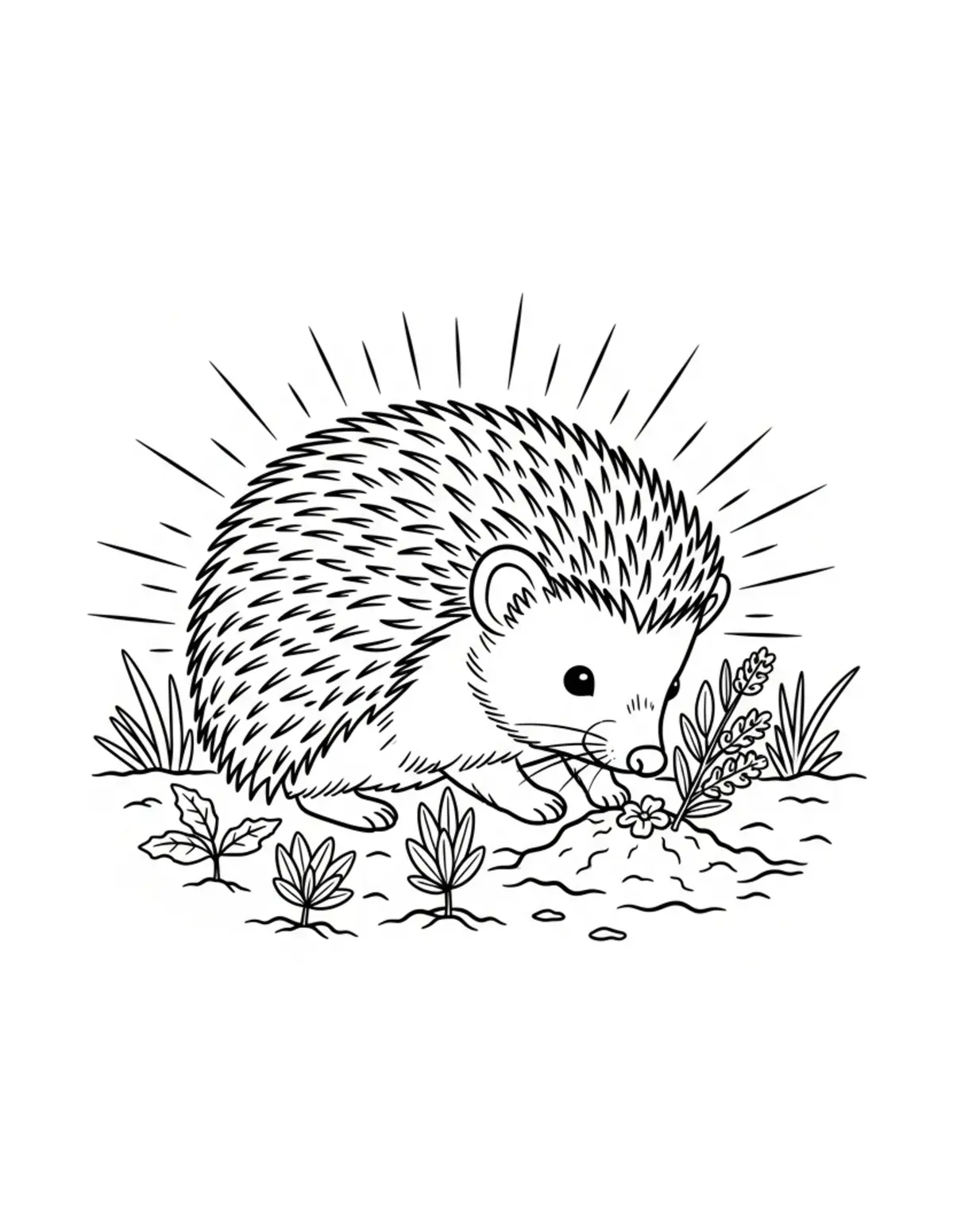 Free printable coloring page: hedgehog planting herbs coloring page. Cute and cozy hedgehog garden design for kids and adults to download and print.