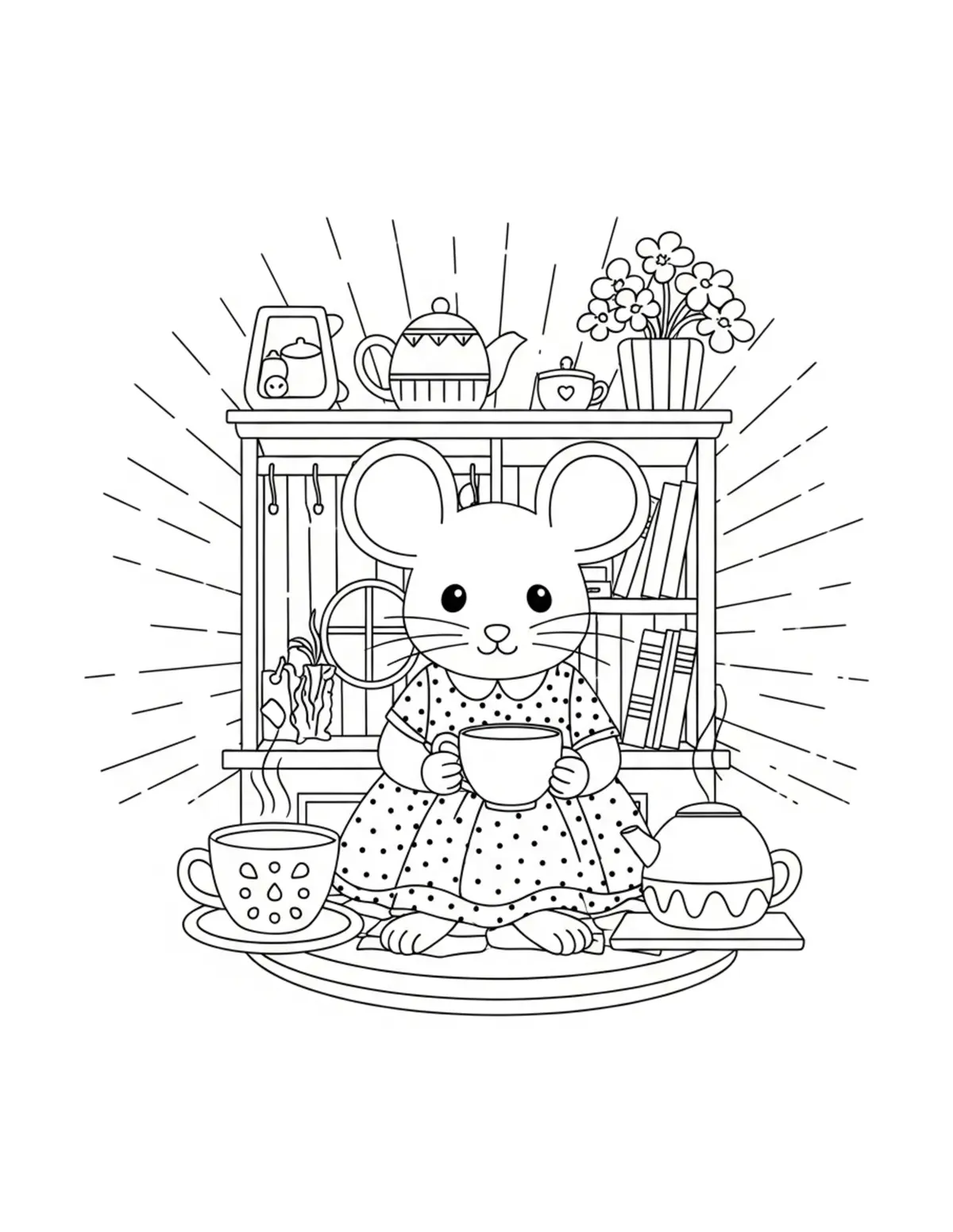 Free printable coloring page: mouse cottage tea room coloring page. Cute and cozy mouse tea party design for kids and adults to download and print.