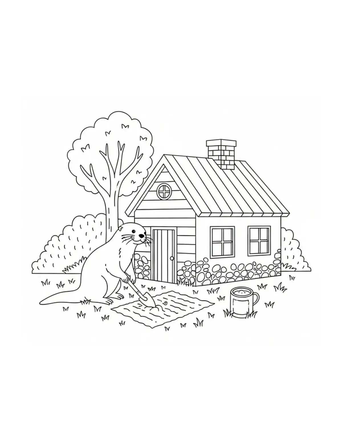 Otter Gardening Beside Cottage coloring page - free printable JPG featuring adorable otters