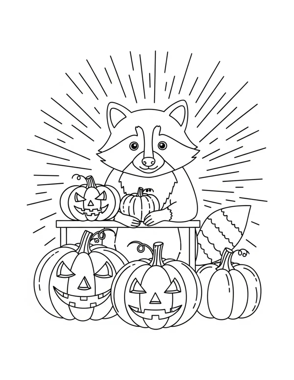Raccoon Pumpkin Market coloring page - free printable JPG featuring adorable raccoons at a market