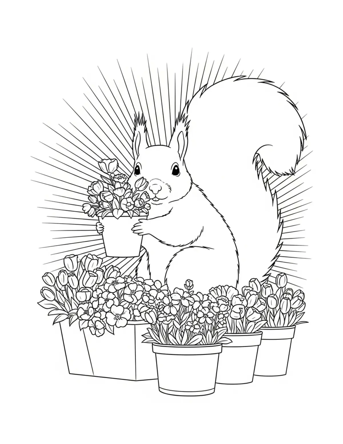 Squirrel Flower Market coloring page - free printable JPG featuring adorable squirrels in a woodland scene