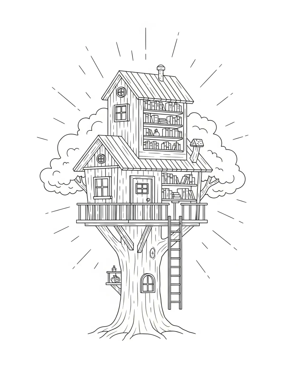 Free printable coloring page: treehouse-library coloring page. Cute and cozy design for kids and adults to download and print.