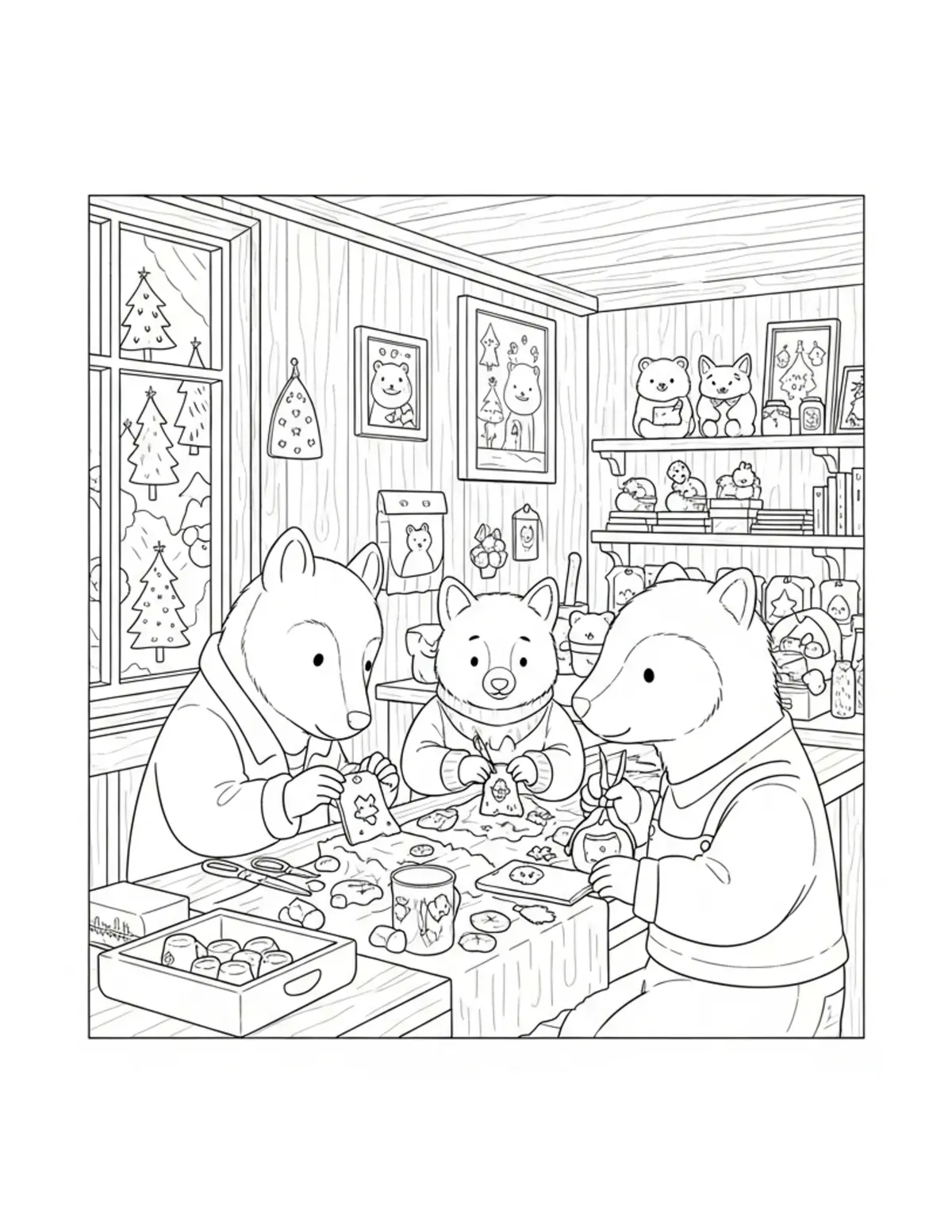 Animal Friends Crafting Decora Coloring Page - free printable JPG featuring adorable tiny animal village scene