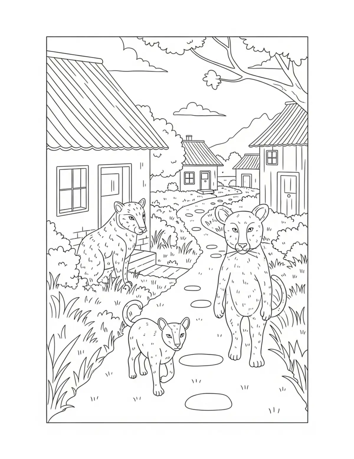 Animal Neighbors Visiting Each Coloring Page - free printable JPG featuring adorable tiny animal village scene