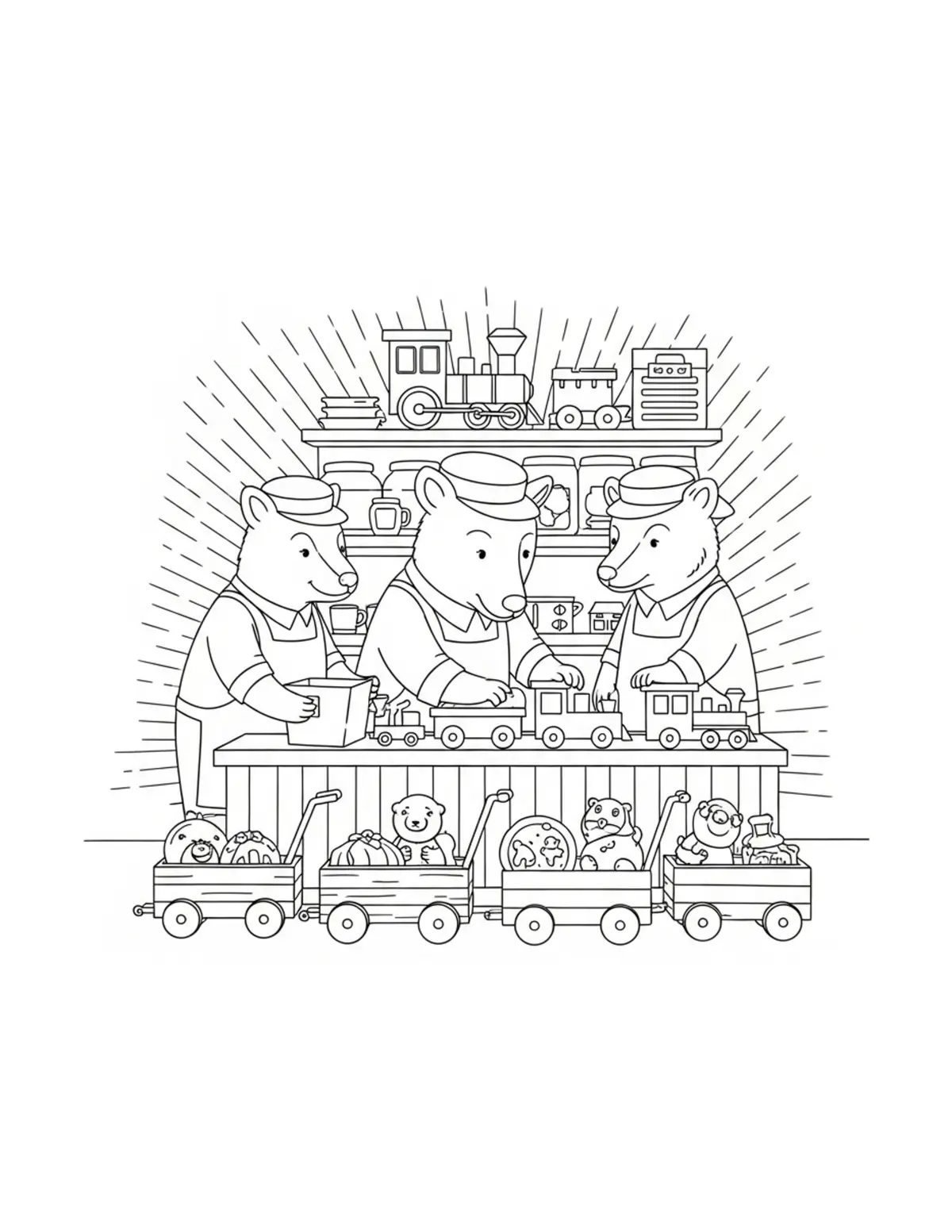 Animal Shopkeepers Organizing  Coloring Page - free printable JPG featuring adorable tiny animal village scene