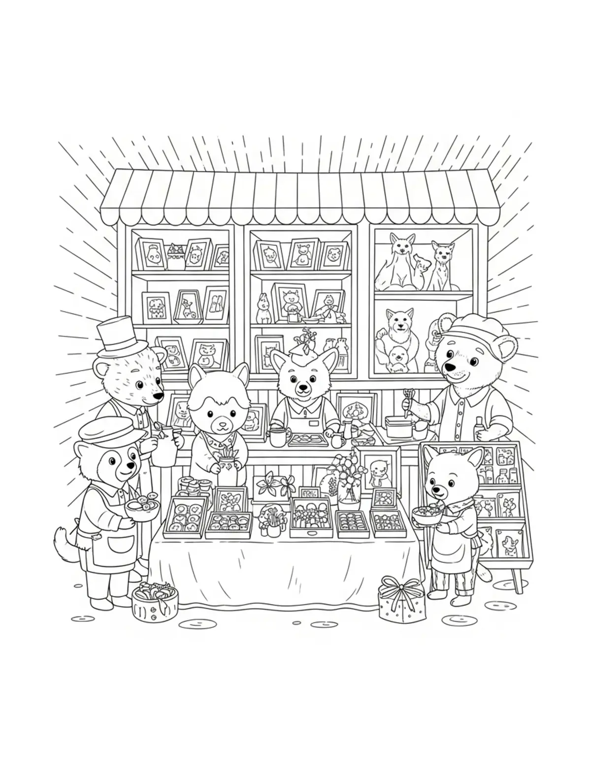 Animal Shopkeepers Preparing D Coloring Page - free printable JPG featuring adorable tiny animal village scene