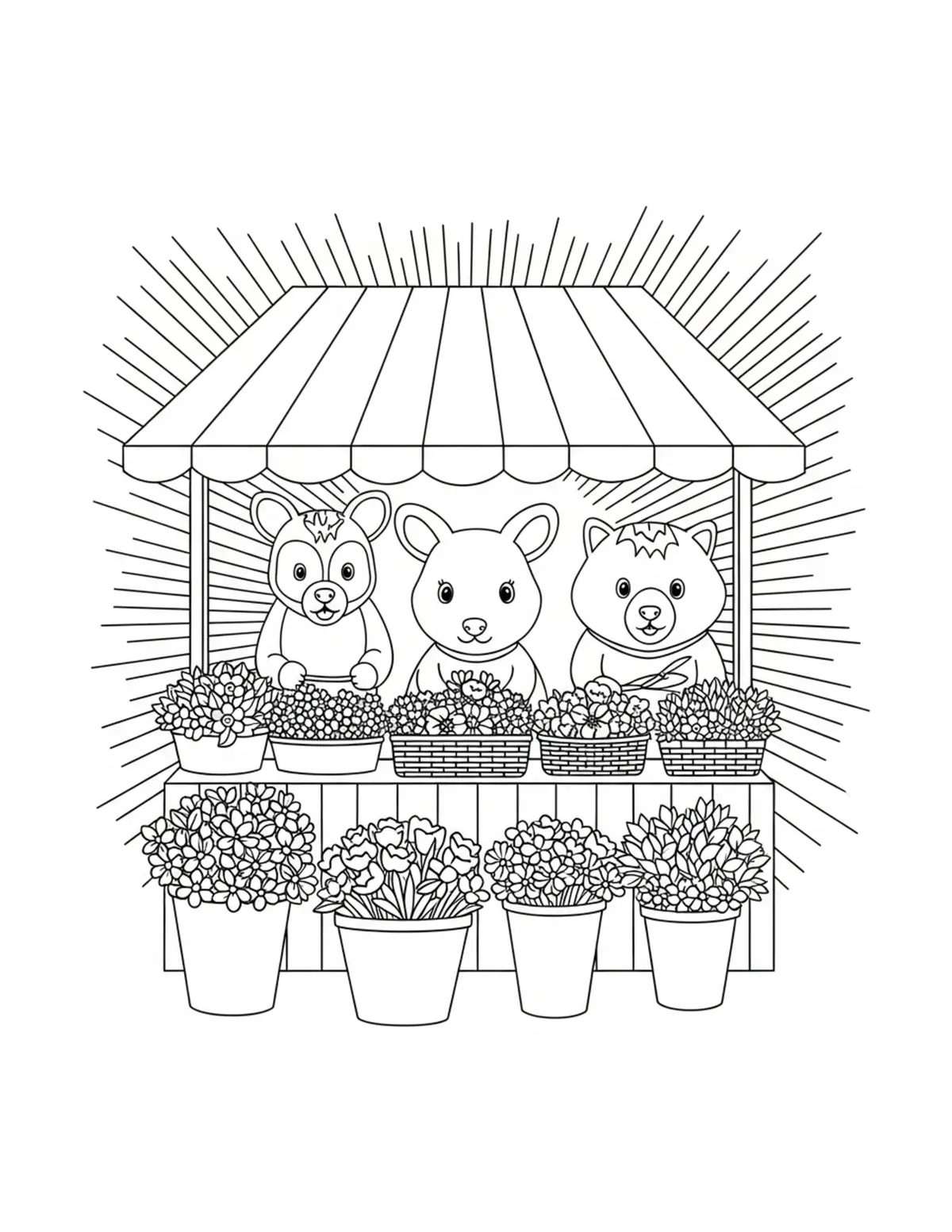 Animal Vendors Decorating Thei Coloring Page - free printable JPG featuring adorable tiny animal village scene