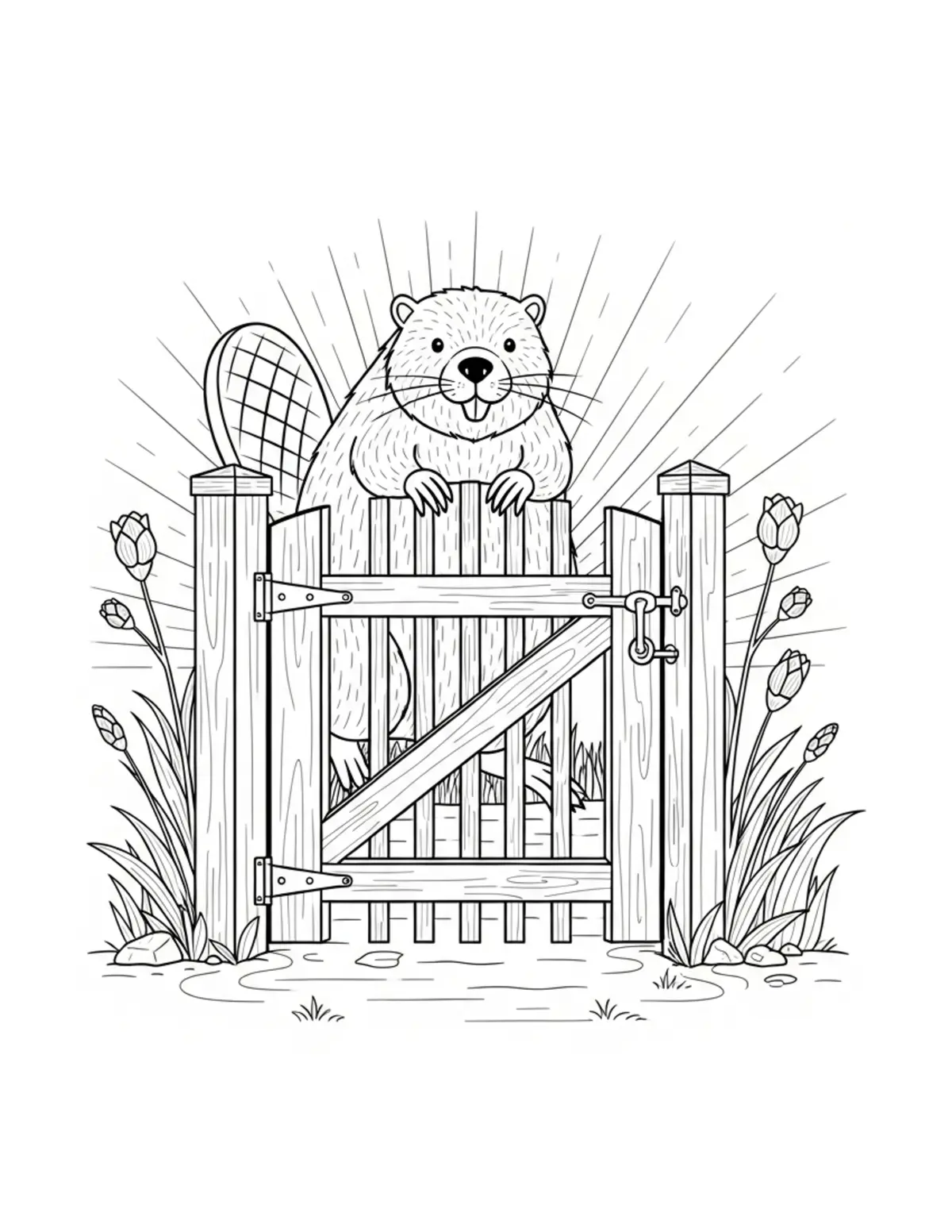 Beaver Building a Garden Gate Coloring Page - free printable JPG featuring adorable woodland beaver