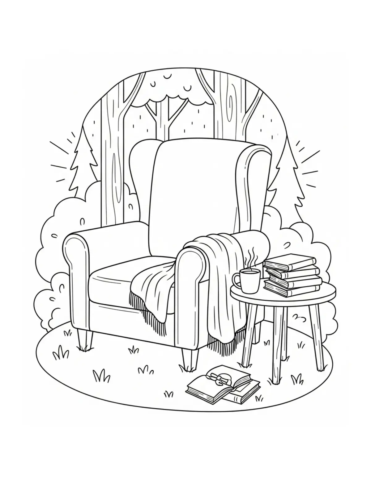 Free printable coloring page: cozy forest story corner coloring page. Cute and cozy design for kids and adults to download and print.