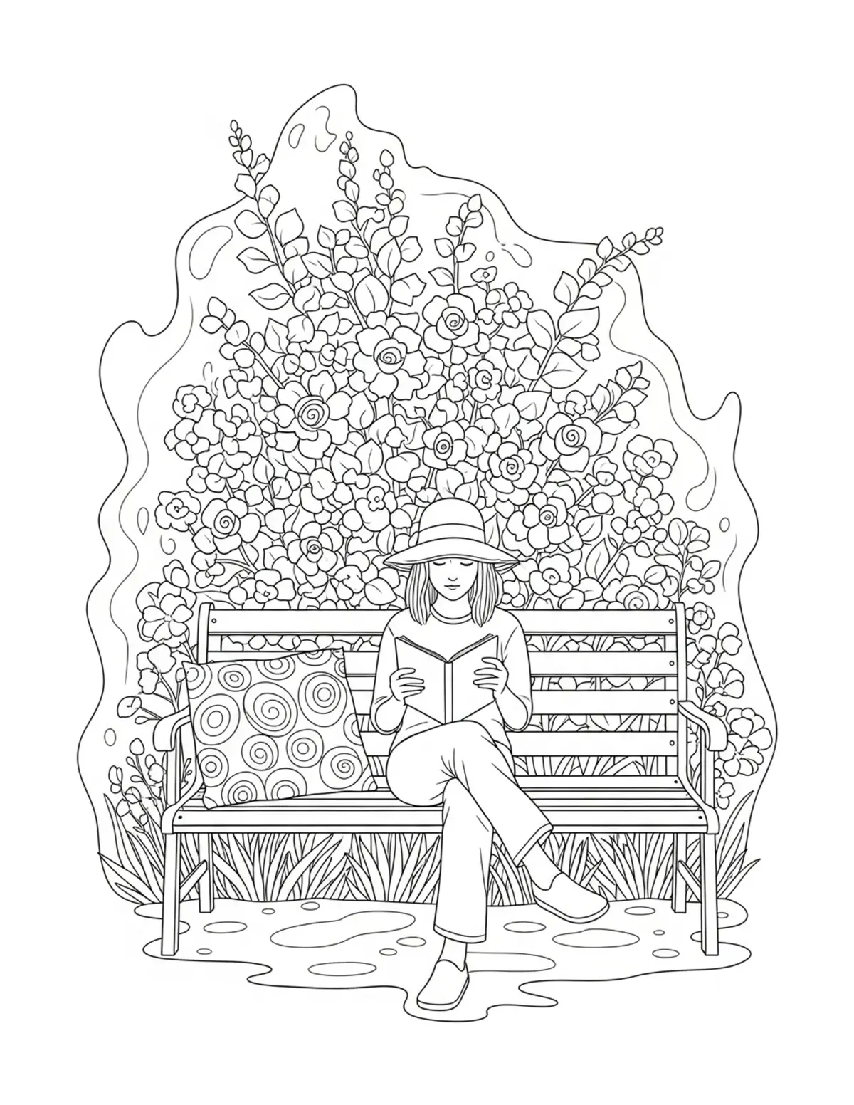 Free printable coloring page: cozy summer garden bench readi coloring page. Cute and cozy summer design for kids and adults to download and print.