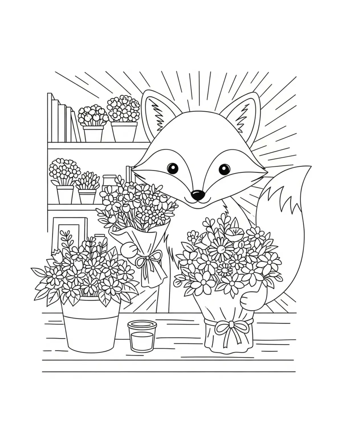 Cute Fox Village Florist Color — free printable cozy coloring coloring page for kids and adults