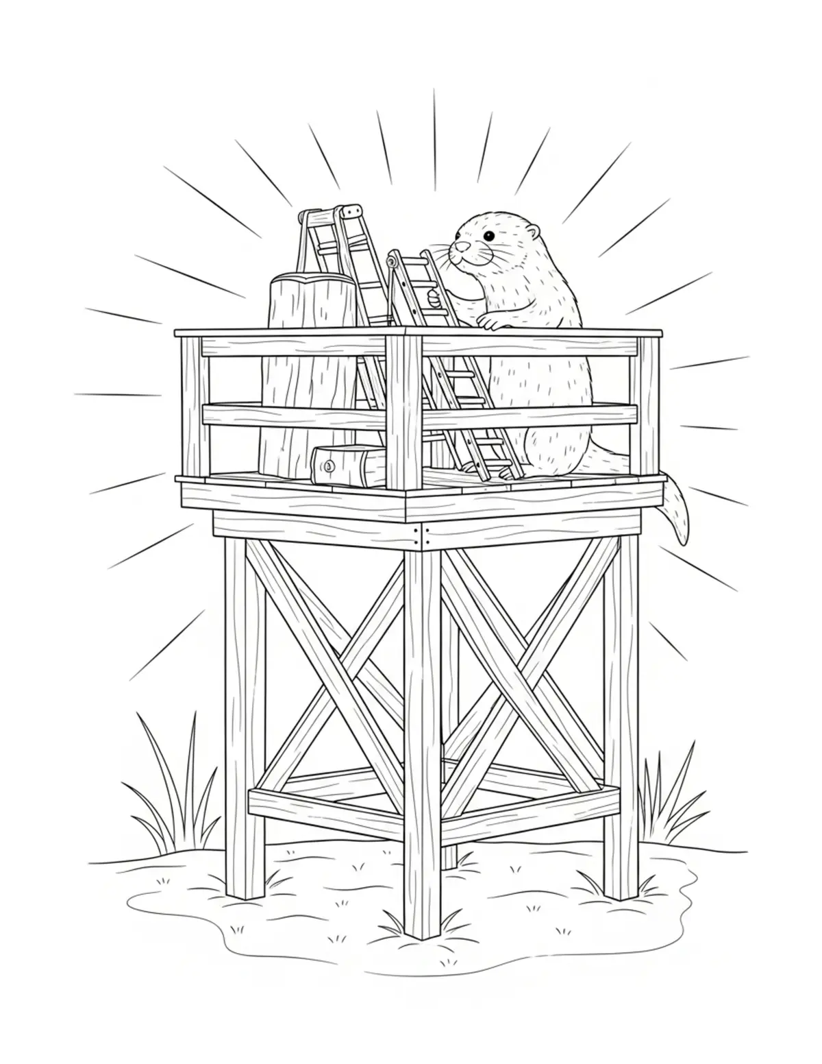 Cute Otter Assembling a Riverside Market coloring page - free printable JPG featuring adorable woodland animals
