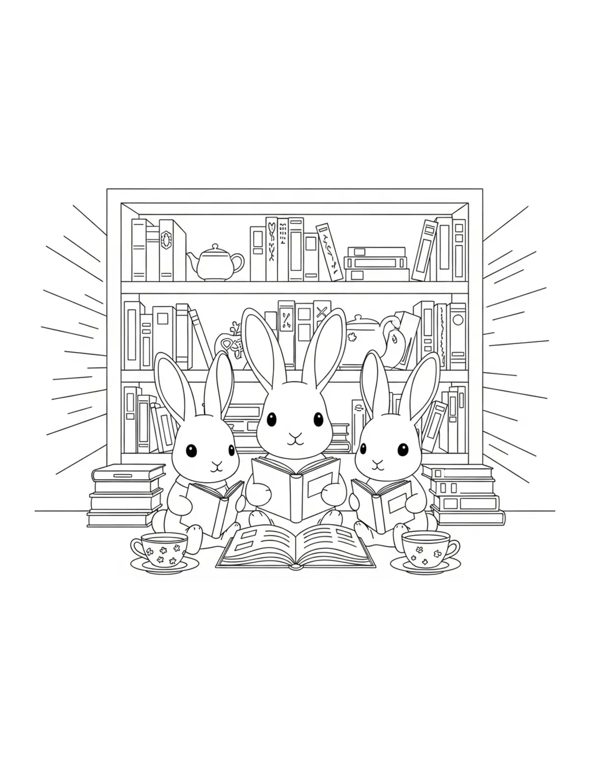 Cute Rabbit Book Club — free printable cozy coloring coloring page for kids and adults