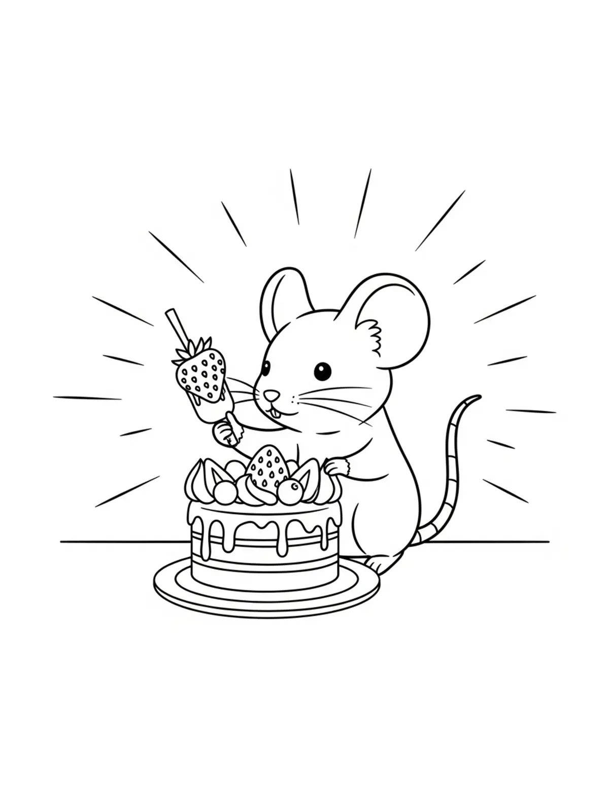 Mouse Making Strawberry Shortc Coloring Page - free printable JPG featuring adorable mouse bakery scenes