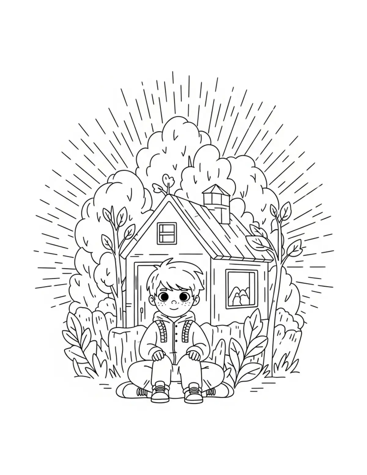 Free printable coloring page: mystery-woodland-exploration-c coloring page. Cute and cozy design for kids and adults to download and print.