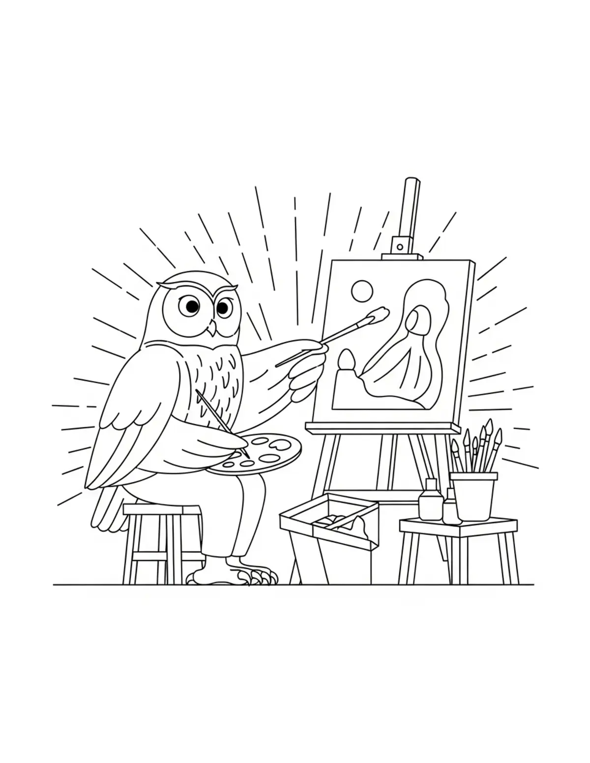 Owl Teaching Painting Classes Coloring Page - free printable JPG featuring adorable woodland animals