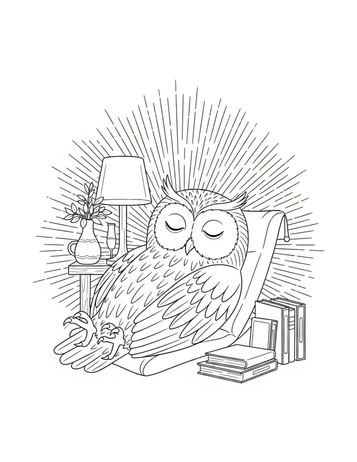 Owl Relaxing In A Woodland Rea Coloring Page - free printable JPG featuring adorable owl reading scenes