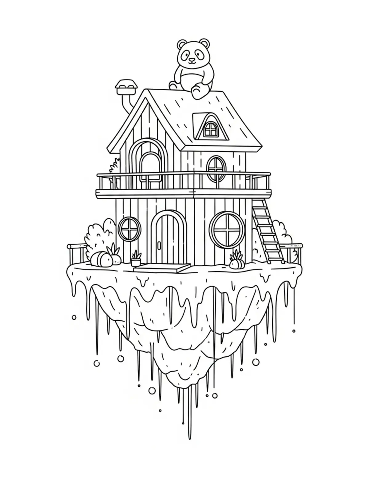 Free printable coloring page: panda floating island home coloring page. Cute and cozy design for kids and adults to download and print.