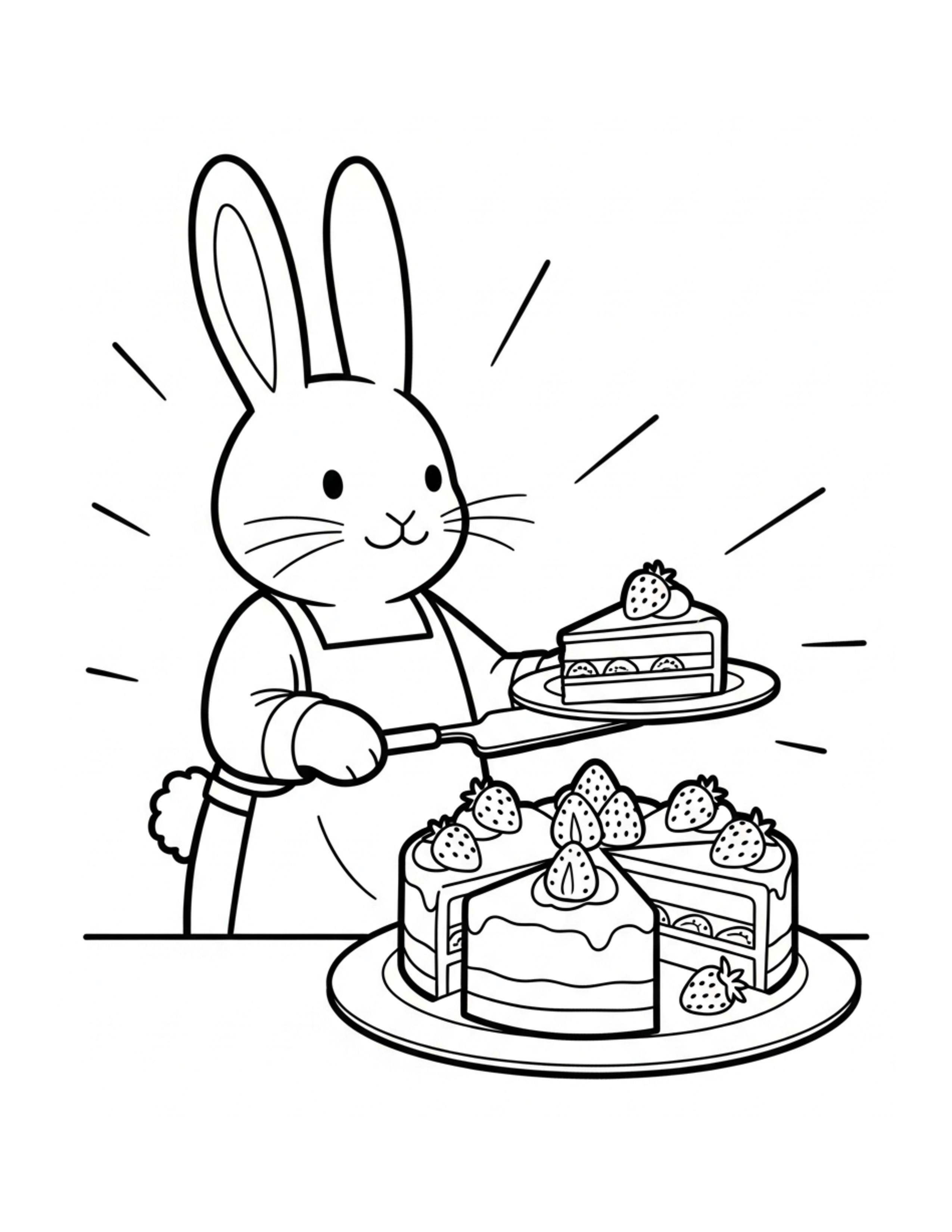 Rabbit Serving Strawberry Cake Coloring Page - free printable JPG featuring adorable rabbit