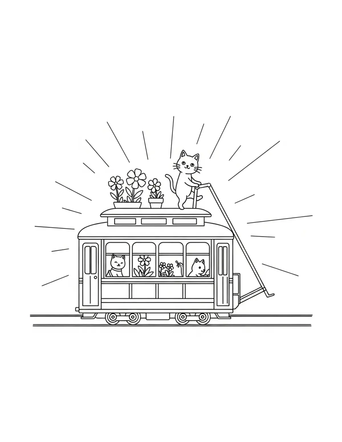 Free printable coloring page: tiny-cat-operating-a-flower-tr coloring page. Cute and cozy design for kids and adults to download and print.