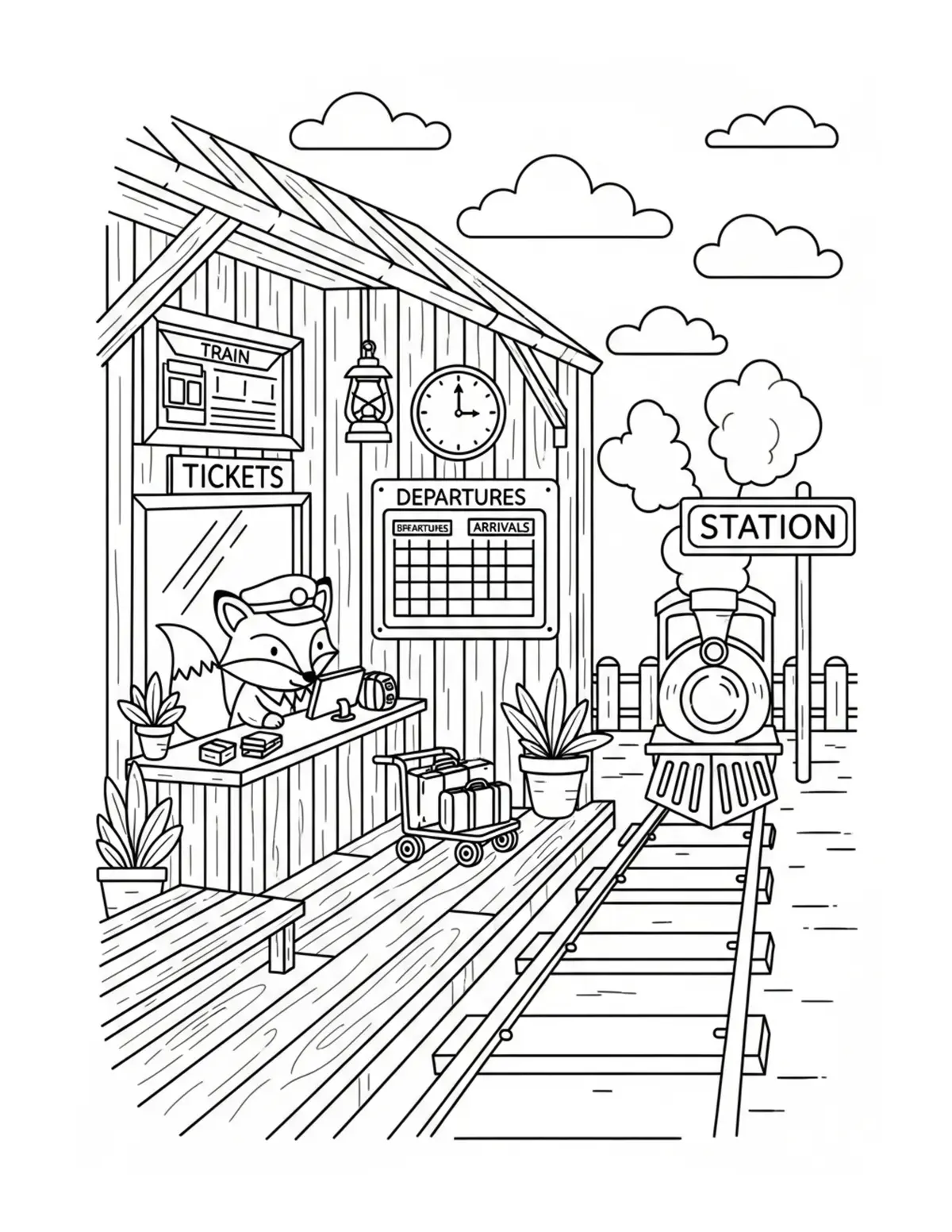 Free printable coloring page: tiny-fox-operating-a-cozy-trai coloring page. Cute and cozy design for kids and adults to download and print.