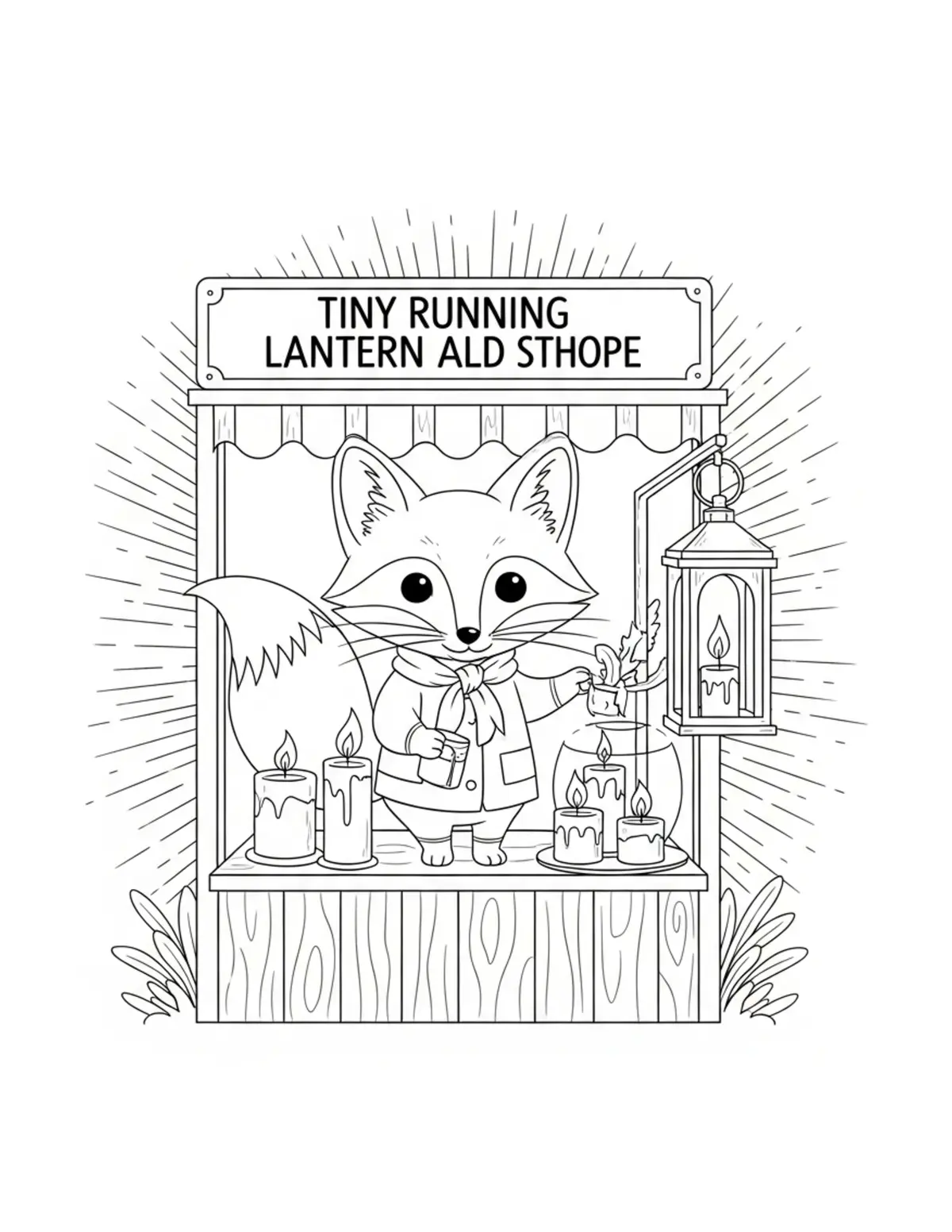 Free printable coloring page: tiny-fox-running-a-lantern-and coloring page. Cute and cozy design for kids and adults to download and print.