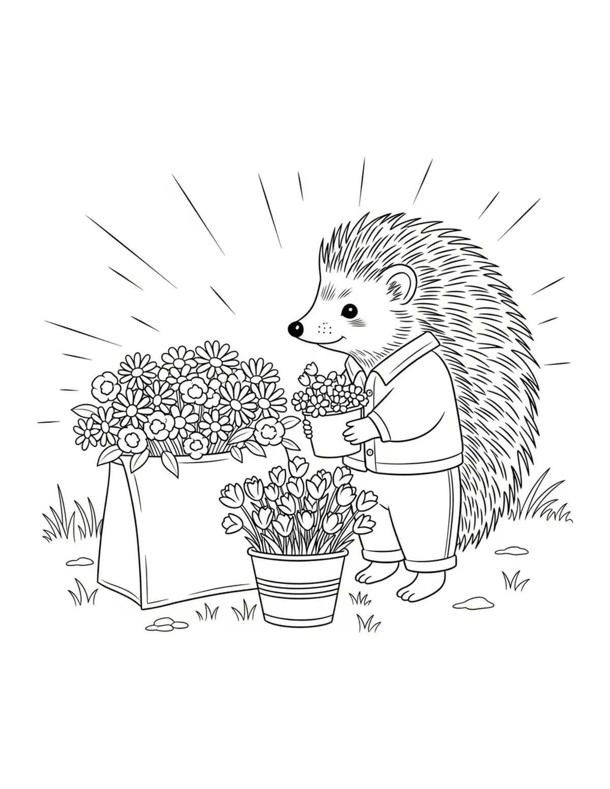 Free printable coloring page: tiny-hedgehog-selling-fresh-fl coloring page. Cute and cozy design for kids and adults to download and print.