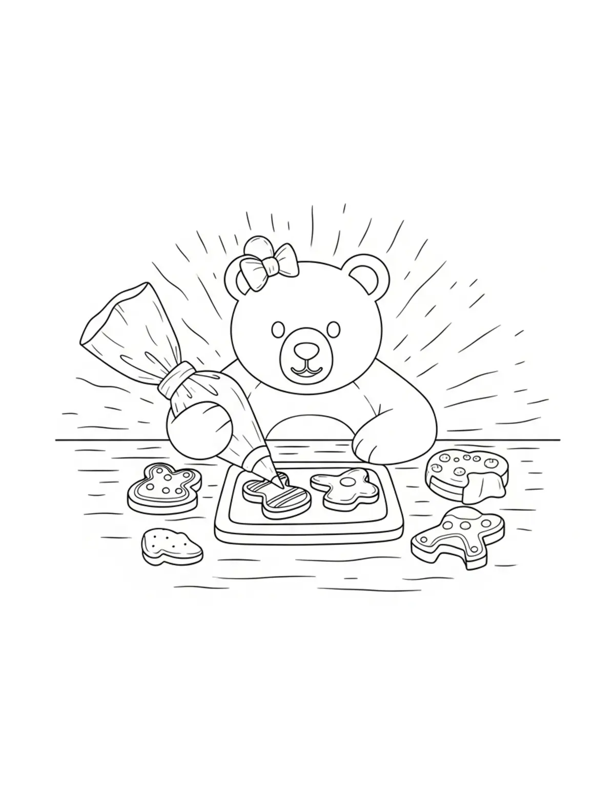Free printable coloring page: bear-cookie-decorating-table coloring page. Cute and cozy design for kids and adults to download and print.