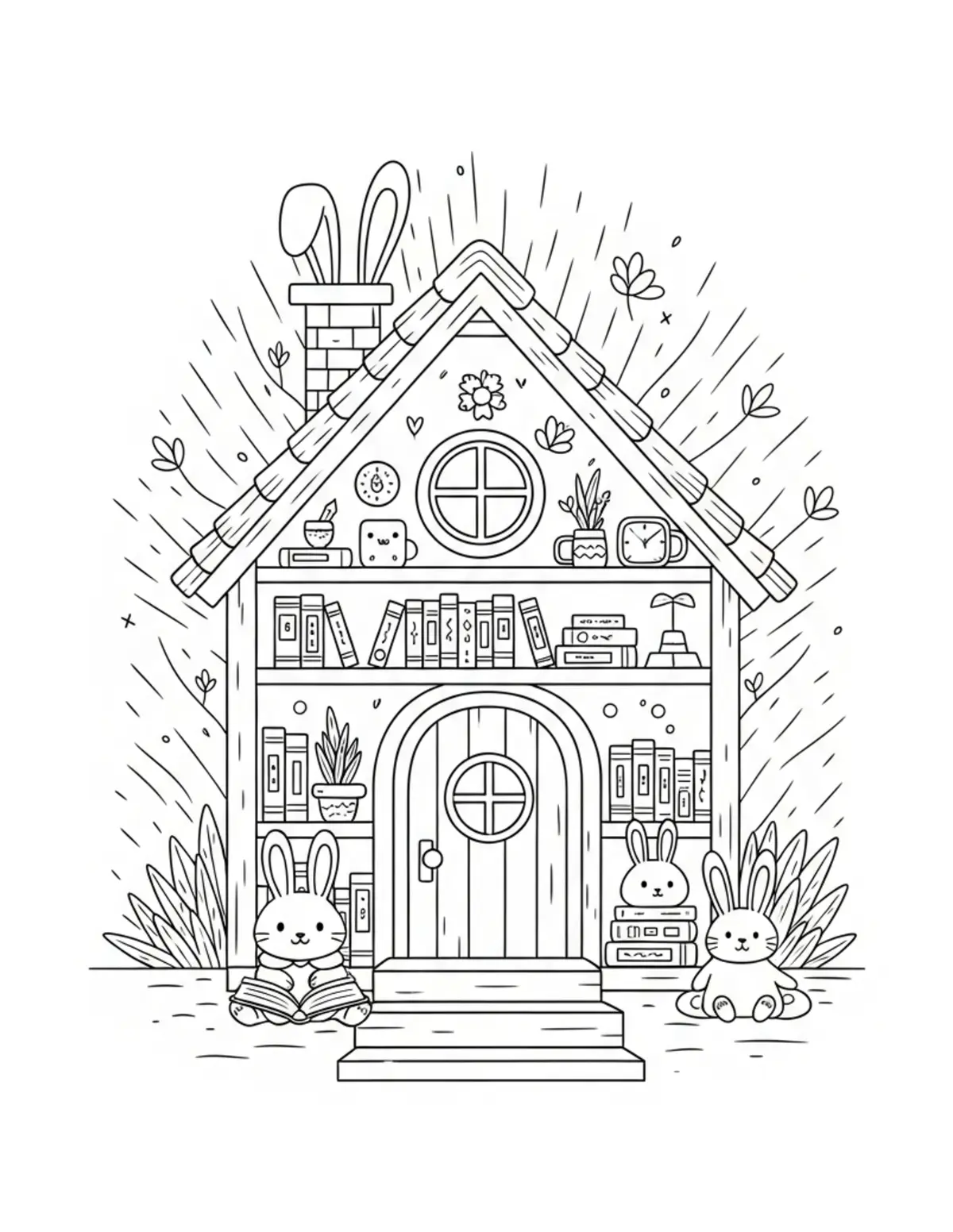 Free printable coloring page: bunny cottage library coloring page. Cute and cozy design for kids and adults to download and print.