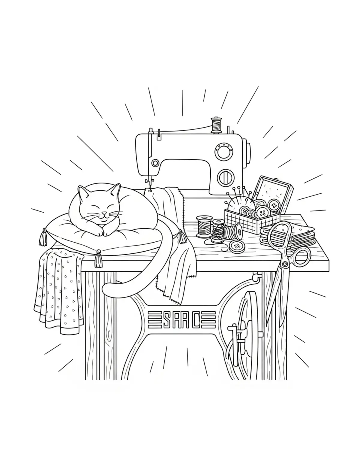 Cat Sewing Room — free printable cozy coloring coloring page for kids and adults