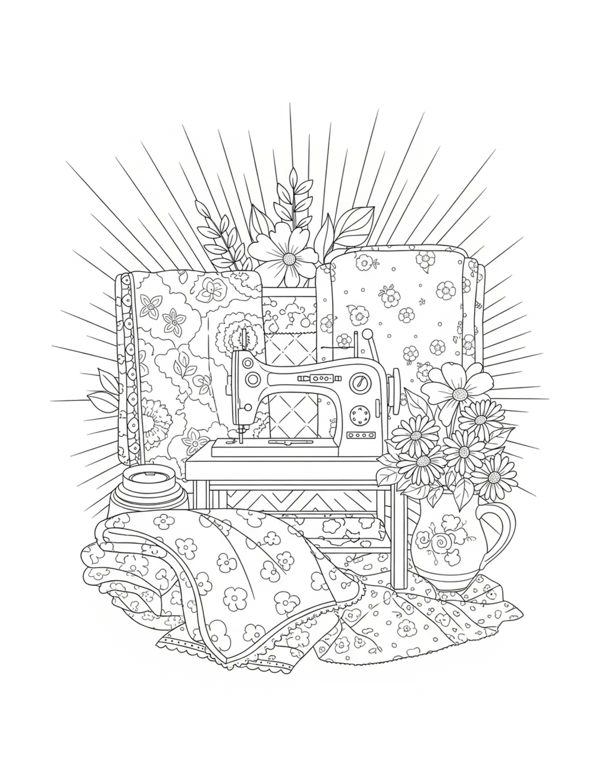 Free printable coloring page: sewing room fabri coloring page. Cute and cozy design for kids and adults to download and print.