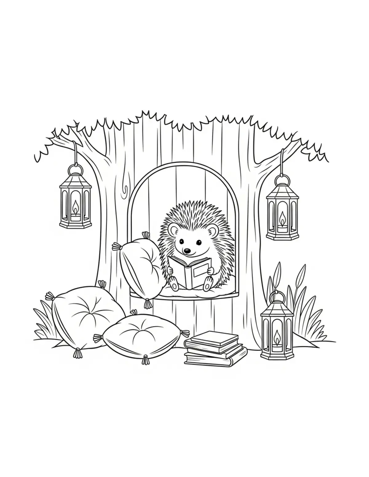 Free printable coloring page: cute hedgehog reading books in coloring page. Cute and cozy animal design for kids and adults to download and print.
