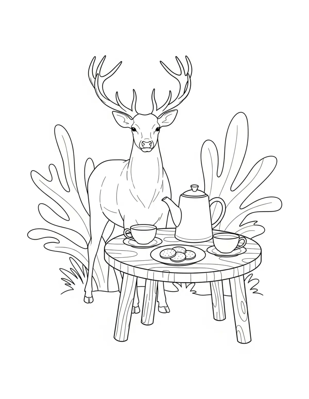 Free printable coloring page: deer woodland tea table coloring page. Cute and cozy deer cottage design for kids and adults to download and print.