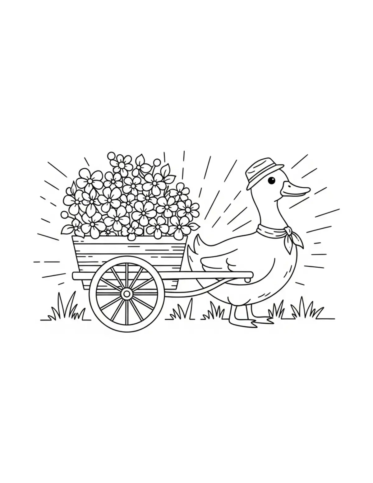 Duck Flower Cart Scene Coloring Page - free printable JPG featuring adorable duck scenes
