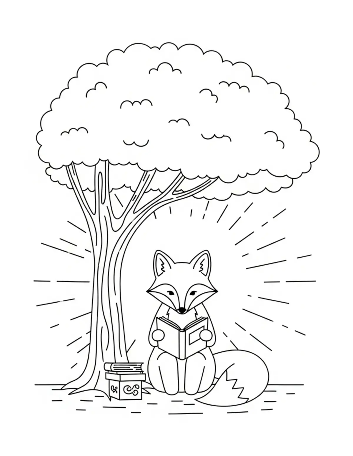 Free printable coloring page: fox reading under tree coloring page. Cute and cozy bookstore and reading design for kids and adults to download and print.