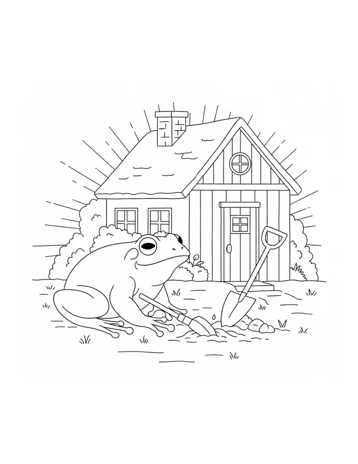 Free printable coloring page: frog gardening beside cottage coloring page. Cute and cozy design for kids and adults to download and print.