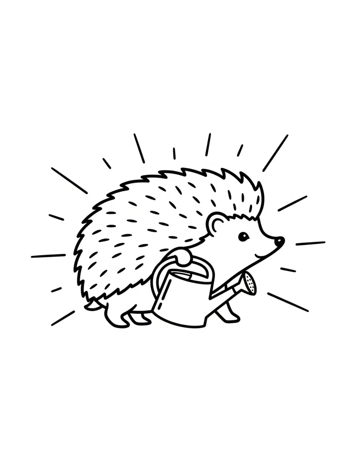 Free printable coloring page: hedgehog carrying watering can coloring page. Cute and cozy hedgehog garden design for kids and adults to download and print.