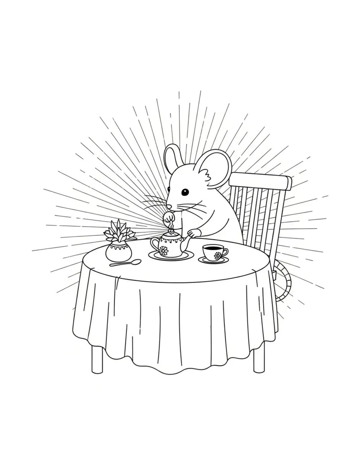 Free printable coloring page: mouse decorating tea table coloring page. Cute and cozy mouse tea party design for kids and adults to download and print.
