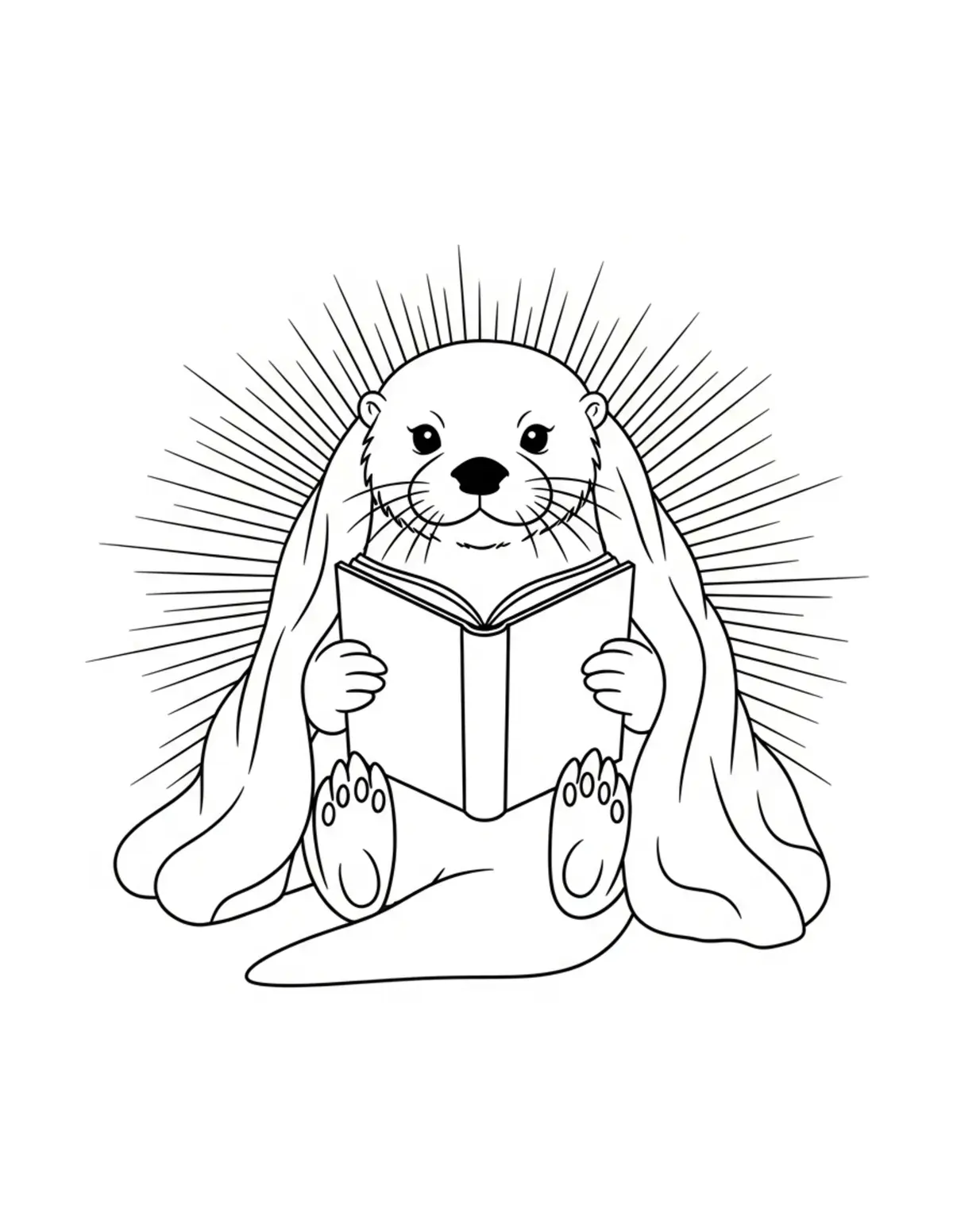 Otter Blanket and Book Scene coloring page - free printable JPG featuring adorable otters