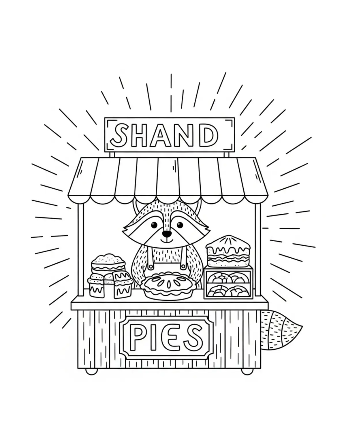Raccoon Pie Stand coloring page - free printable JPG featuring adorable raccoons at a market