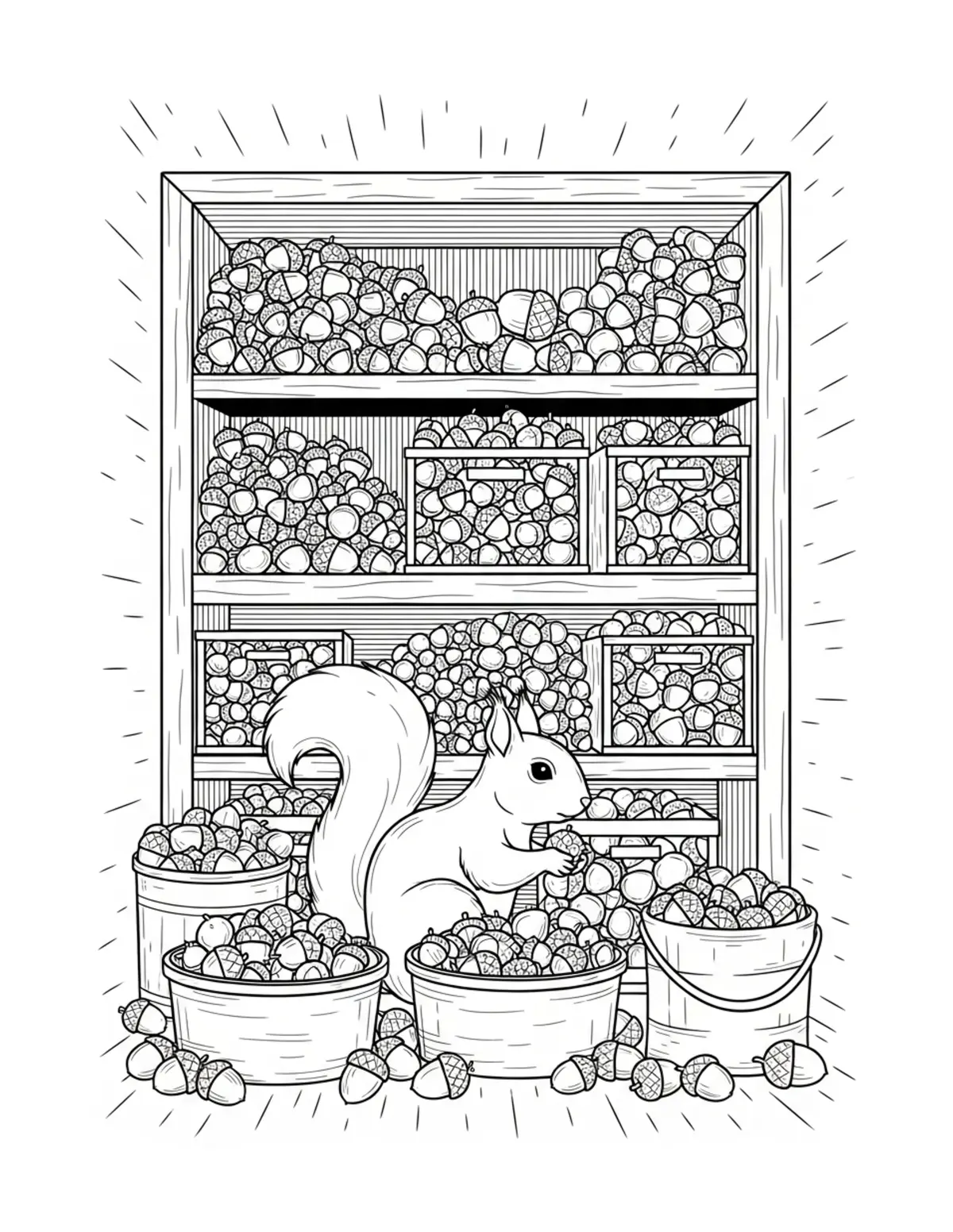 Squirrel Acorn Storage Room coloring page - free printable JPG featuring adorable squirrels in a woodland scene
