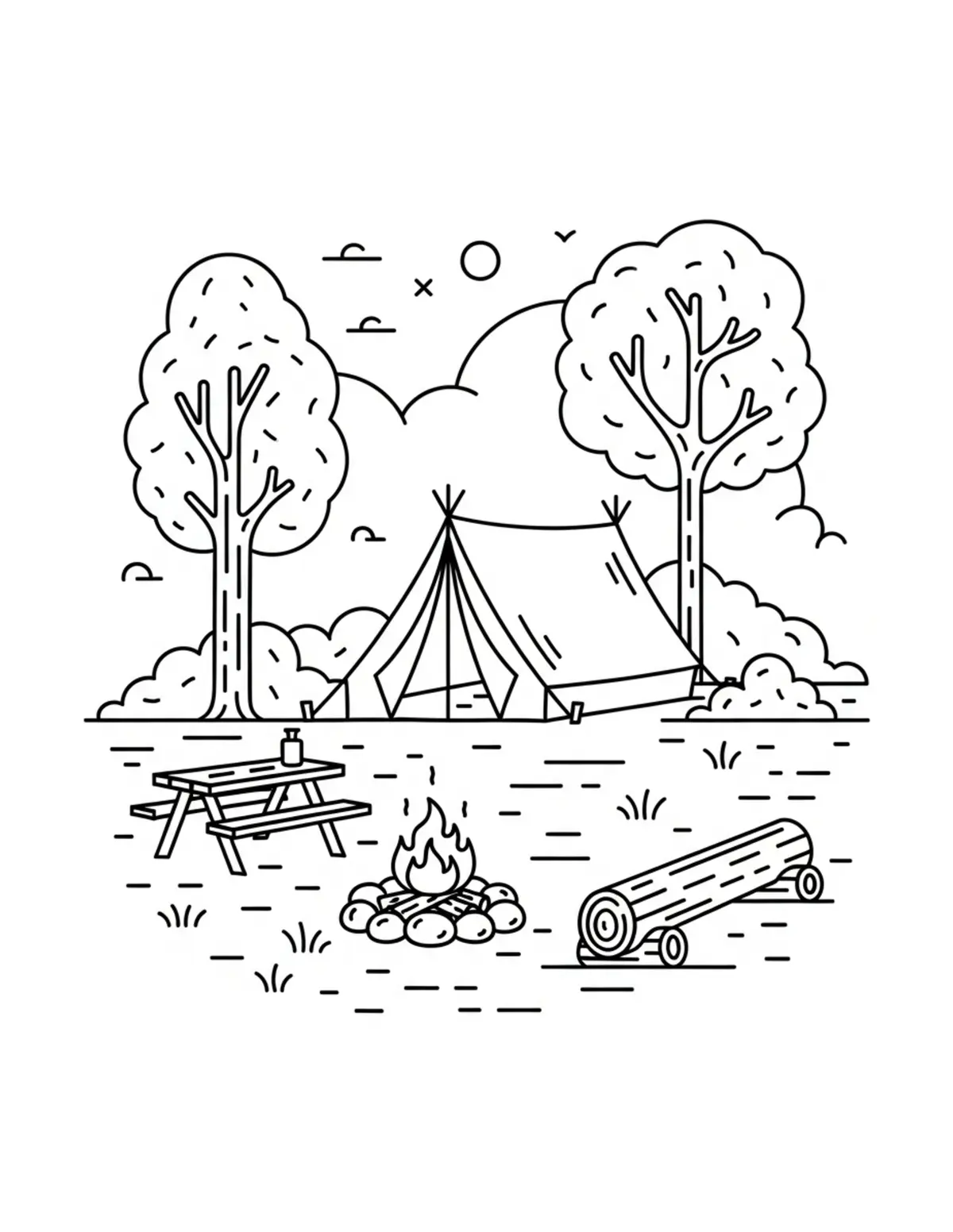 Free printable coloring page: woodland-campsite coloring page. Cute and cozy design for kids and adults to download and print.