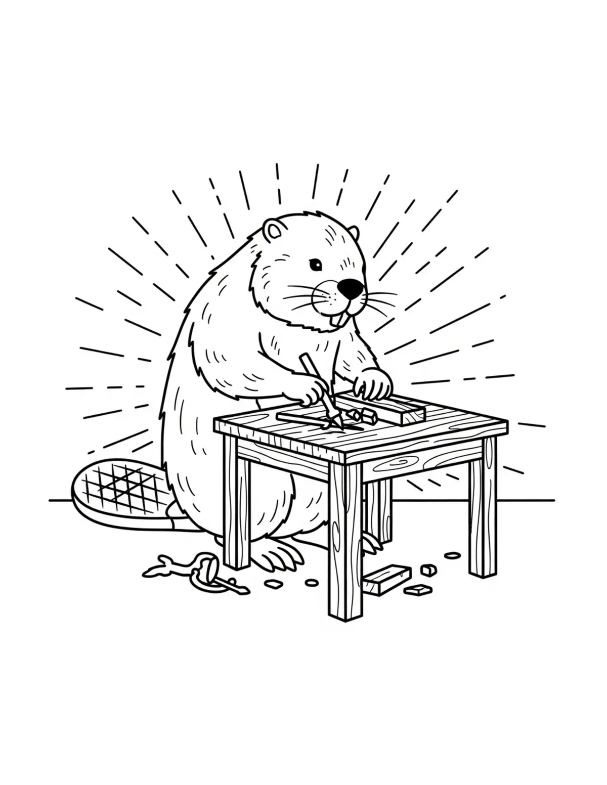 Beaver Crafting a Wooden Table Coloring Page - free printable JPG featuring adorable woodland beaver