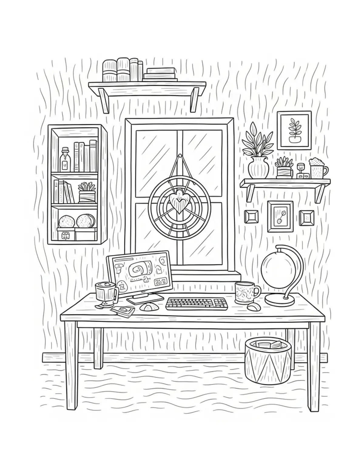 Free printable coloring page: cozy handmade decoration studi coloring page. Cute and cozy design for kids and adults to download and print.