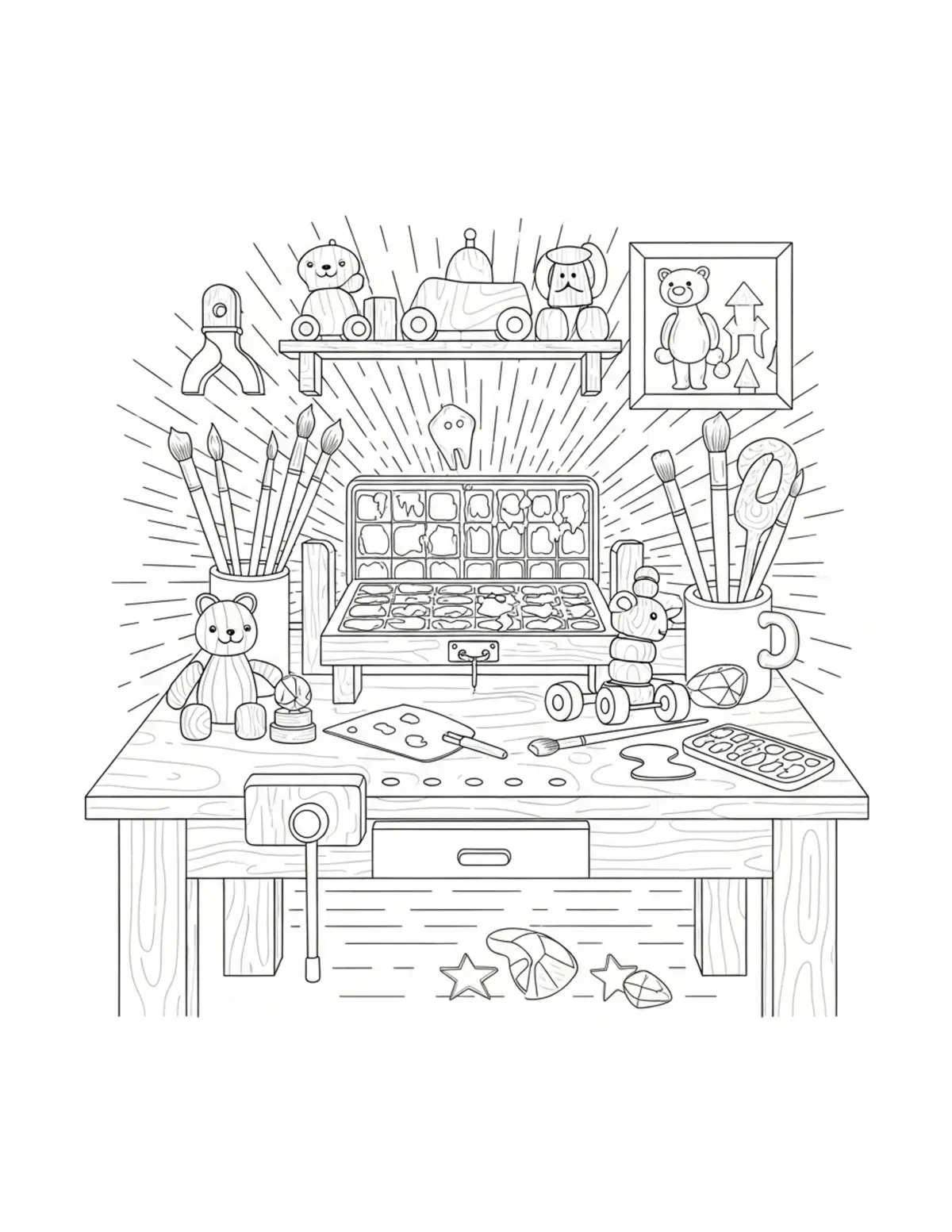 Cozy Toy Shop Workbench Filled Coloring Page - free printable JPG featuring adorable tiny animal village scene