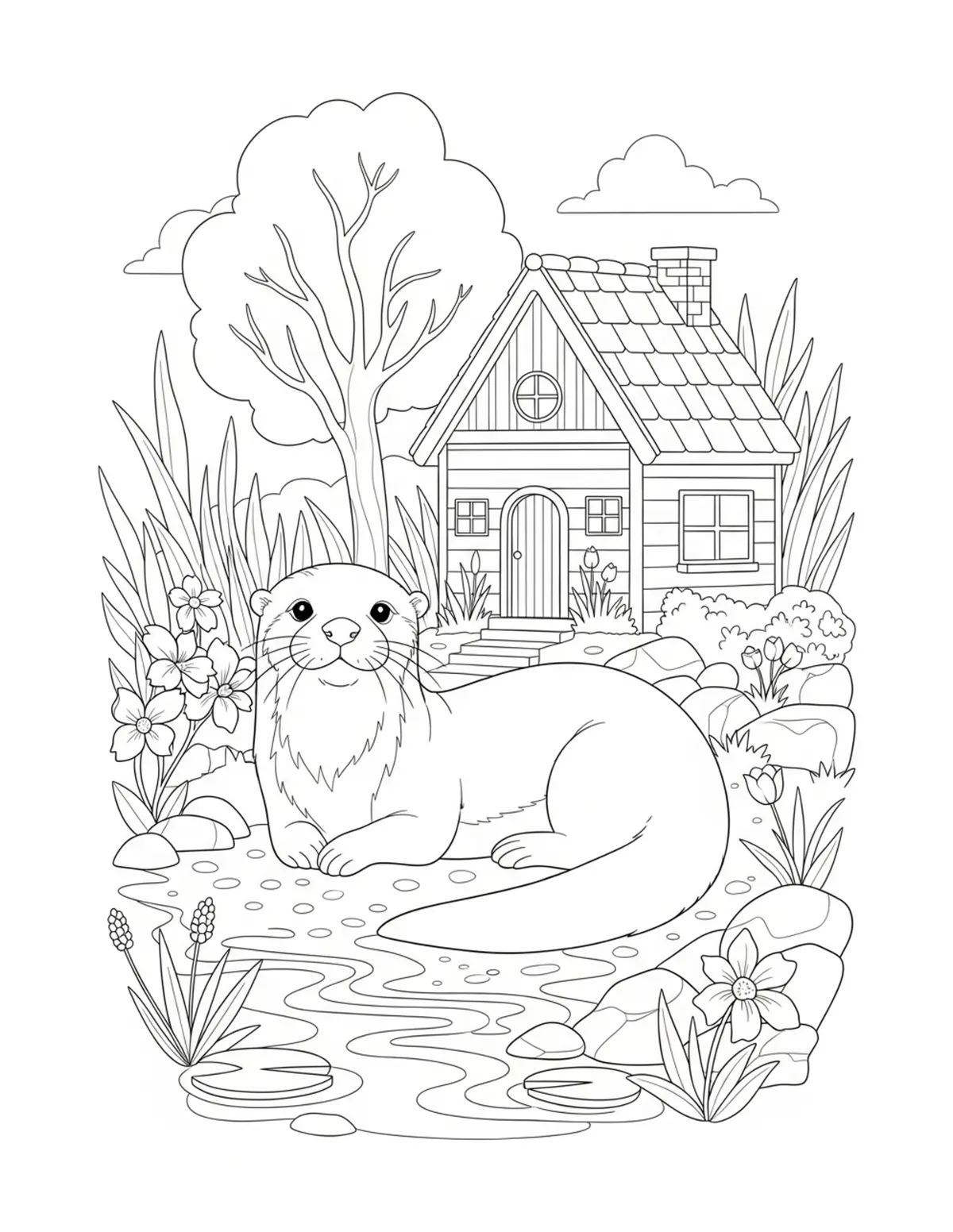 Cute Otter Riverside Cottage C — free printable cozy coloring coloring page for kids and adults